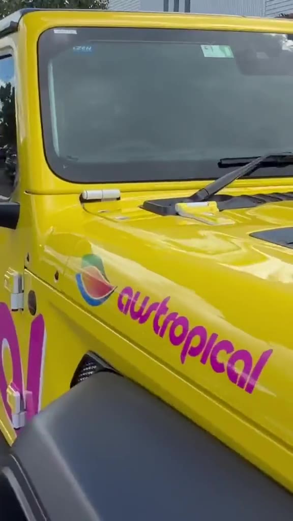 Our yellow Austropical Jeep outdoors, with magenta brand lettering and açaí cup artwork on its doors.