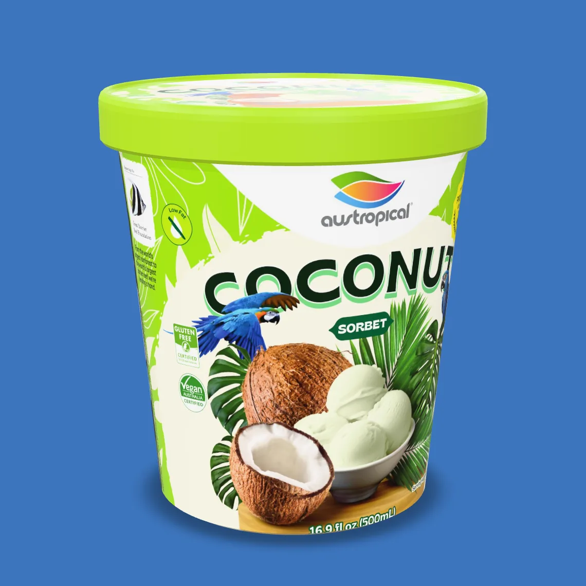 Austropical Organic Coconut sorbet pint, 16.9 fl oz (500 mL), front of pack.