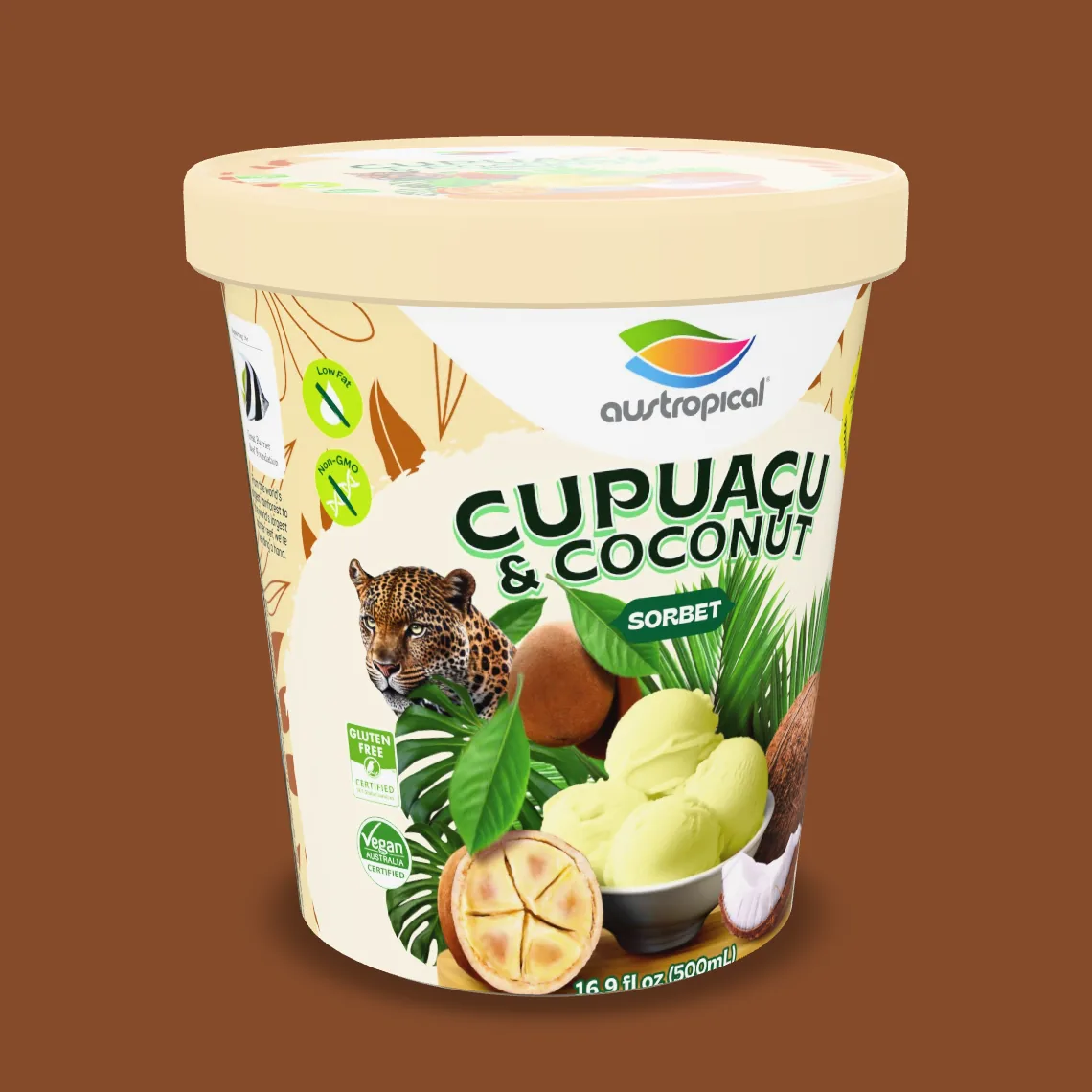 Austropical Cupuaçu & Coconut sorbet pint, 16.9 fl oz (500 mL), front of pack.