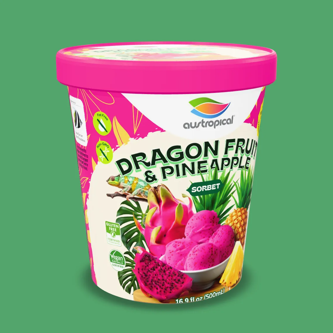 Austropical Dragon Fruit & Pineapple sorbet pint, 16.9 fl oz (500 mL), front of pack.