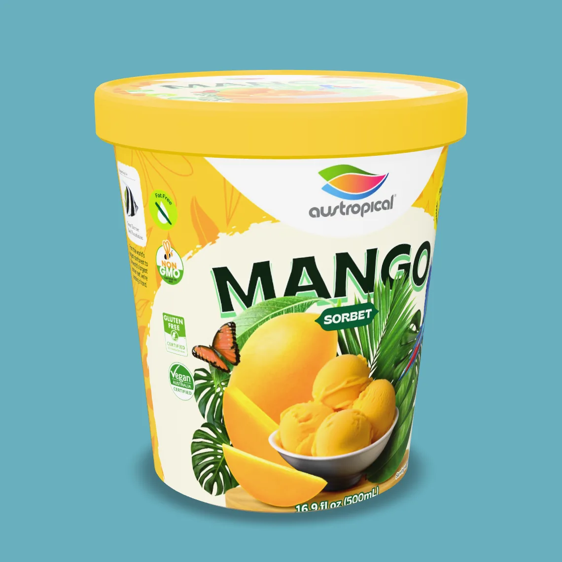 Austropical Organic Mango sorbet pint, 16.9 fl oz (500 mL), front of pack.