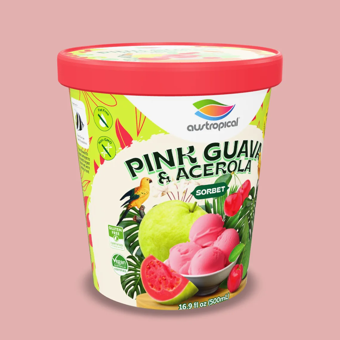 Austropical Pink Guava & Acerola sorbet pint, 16.9 fl oz (500 mL), front of pack.
