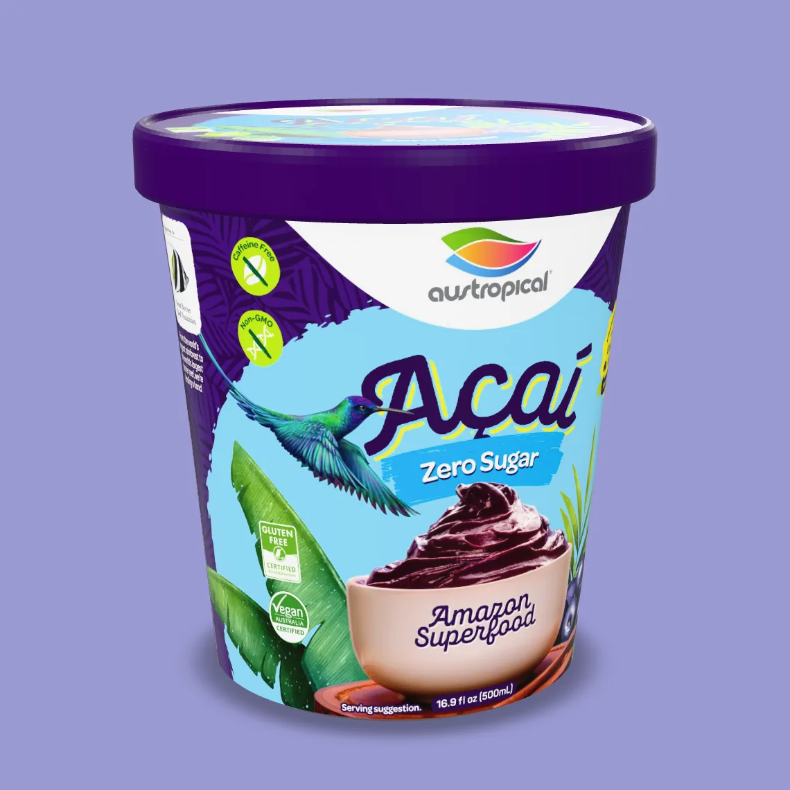 Austropical Açaí Zero Sugar sorbet pint, 16.9 fl oz (500 mL), front of pack.