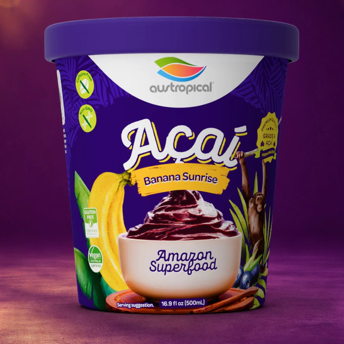 Austropical Açaí Banana Sunrise sorbet pint, 16.9 fl oz (500 mL), front of pack, on a magenta backdrop.