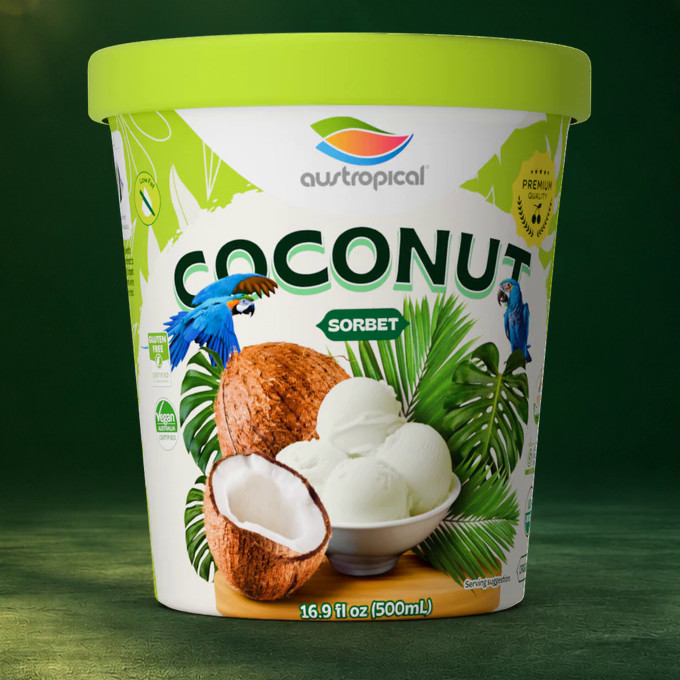 Austropical Organic Coconut sorbet pint, 16.9 fl oz (500 mL), front of pack, on a green backdrop.