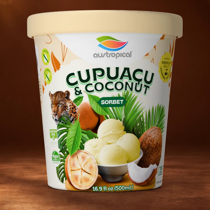 Austropical Cupuaçu & Coconut sorbet pint, 16.9 fl oz (500 mL), front of pack, on a warm brown backdrop.