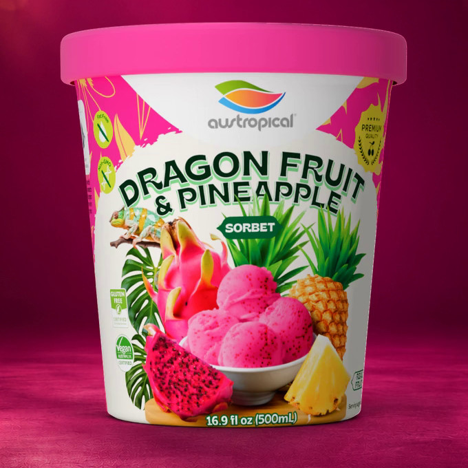 Austropical Dragon Fruit & Pineapple sorbet pint, 16.9 fl oz (500 mL), front of pack, on a pink backdrop.