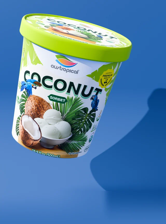 Austropical Organic Coconut pint with its lid visible, on its original colored campaign background with a curved shadow.