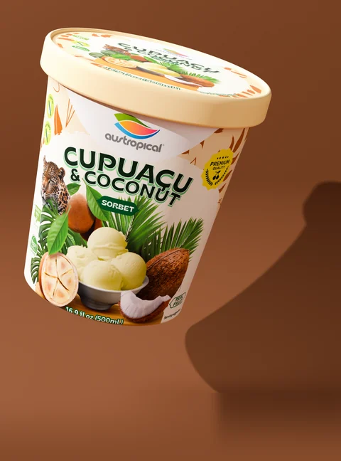 Austropical Cupuaçu & Coconut closed pint with its lid visible, on a colored background with a curved shadow