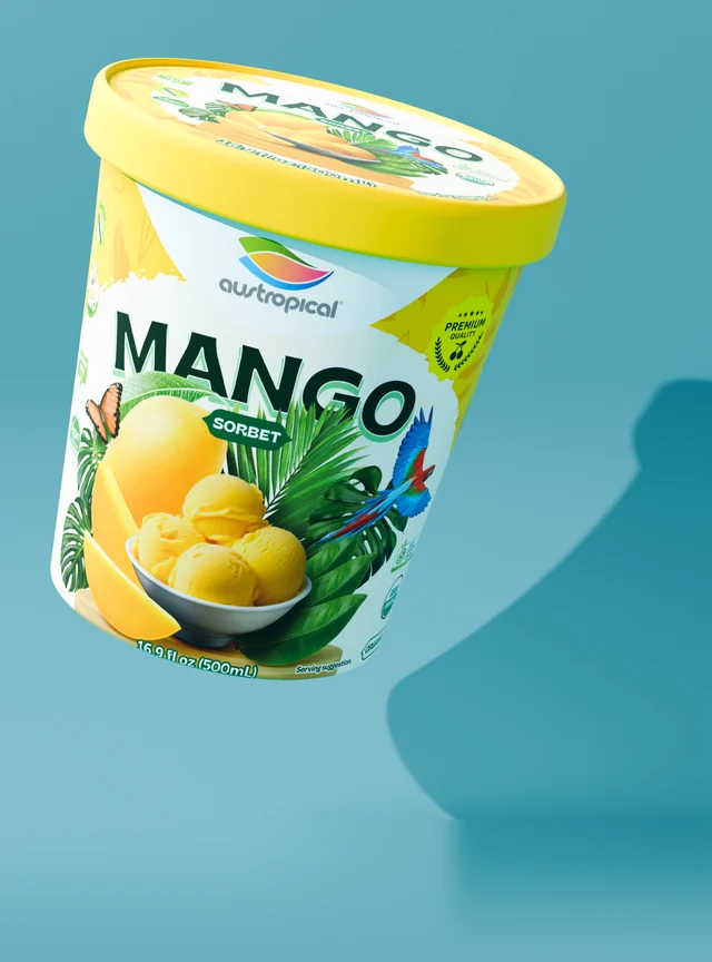 Austropical Organic Mango pint with its lid visible, on its original colored campaign background with a curved shadow.
