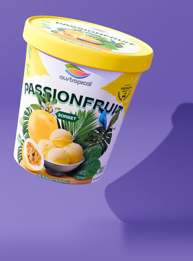 Austropical Passionfruit pint with its lid visible, on its original colored campaign background with a curved shadow.