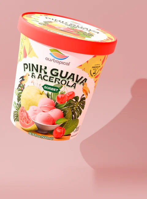 Austropical Pink Guava & Acerola closed pint with its lid visible, on a colored background with a curved shadow