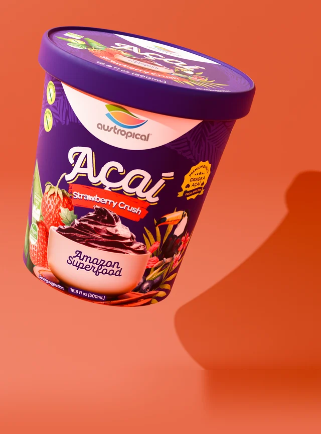 Austropical Açaí Strawberry Crush pint with its lid visible, on its original colored campaign background with a curved shadow.