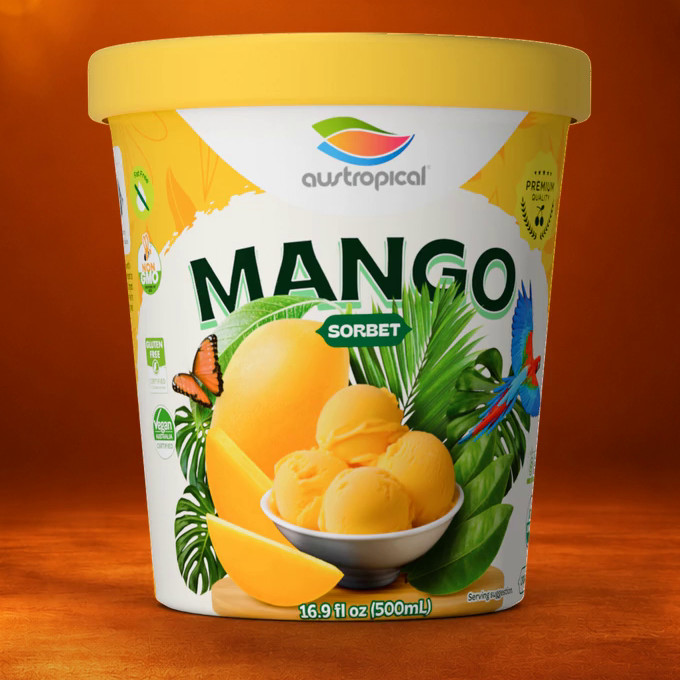 Austropical Organic Mango sorbet pint, 16.9 fl oz (500 mL), front of pack, on an orange backdrop.