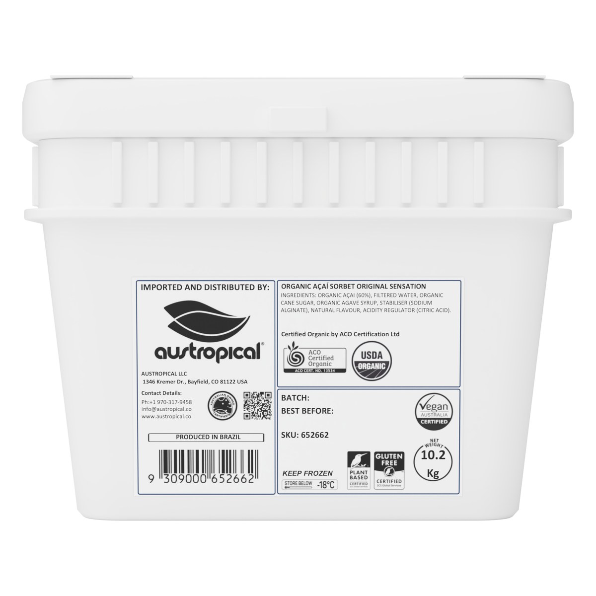 Austropical Organic Açaí Original Sensation sorbet in the 22.49 lb (10.2 kg) foodservice bucket: a white square pail with a printed front label.