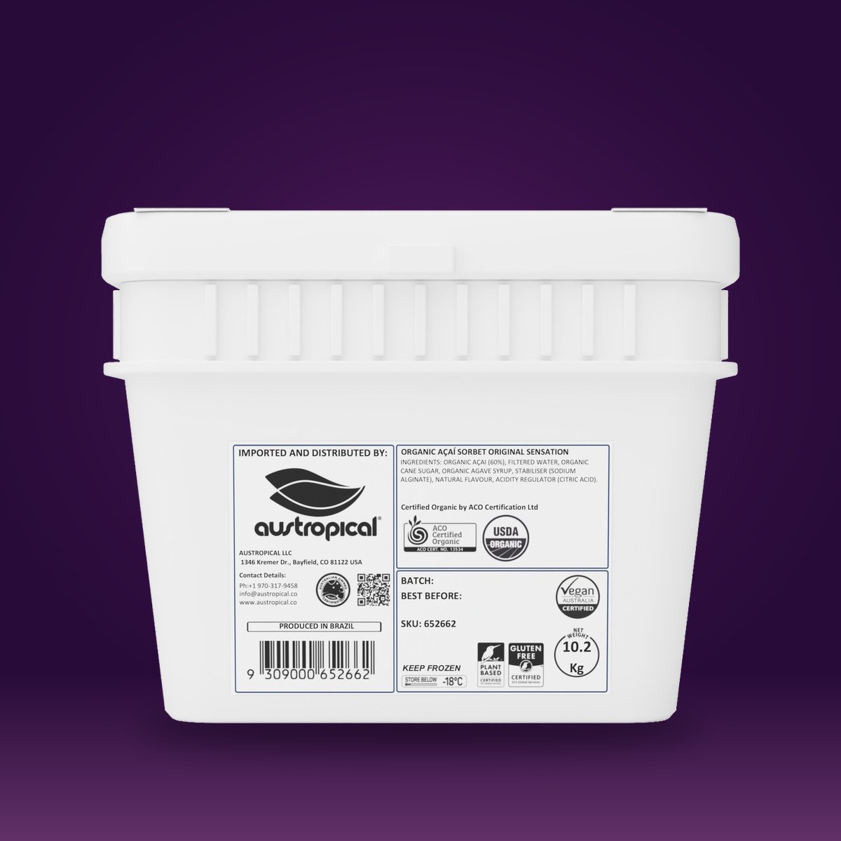 Austropical Organic Açaí Original Sensation sorbet 22.49 lb (10.2 kg) foodservice bucket: white square pail with the printed front label.