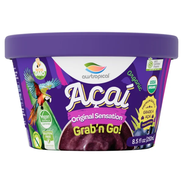 An 8.5 fl oz (250 mL) Austropical Grab'n Go cup of Organic Açaí Original Sensation.