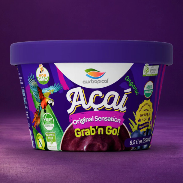 Austropical Organic Açaí Original Sensation sorbet Grab'n Go cup, 250 mL, front of pack, on a purple backdrop.