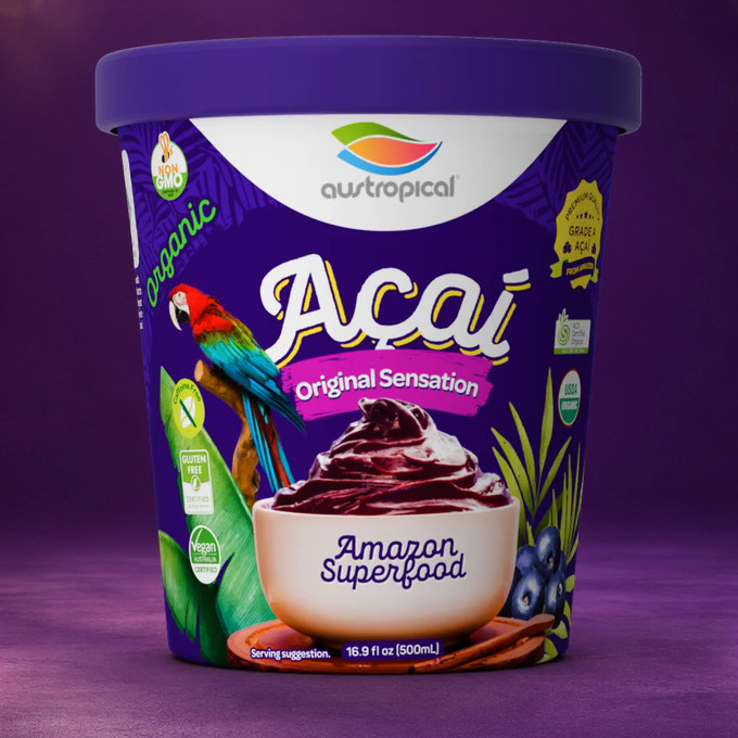 Austropical Organic Açaí Original Sensation sorbet pint, 500 mL, front of pack, on a purple backdrop.