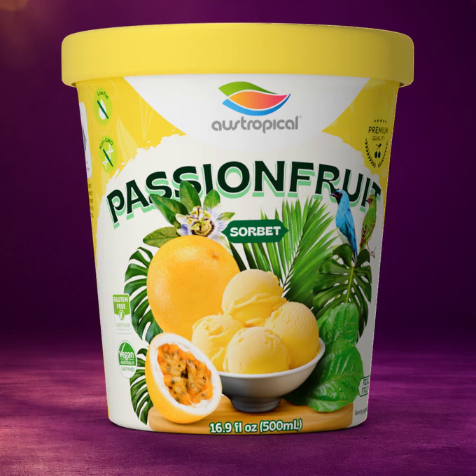 Austropical Passionfruit sorbet pint, 16.9 fl oz (500 mL), front of pack, on a magenta and gold backdrop.