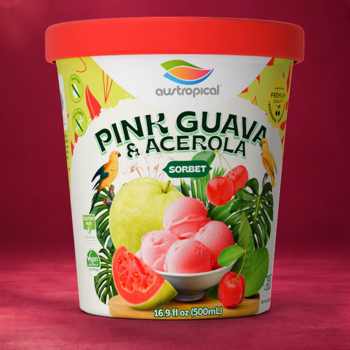 Austropical Pink Guava & Acerola sorbet pint, 16.9 fl oz (500 mL), front of pack, on a red-pink backdrop.