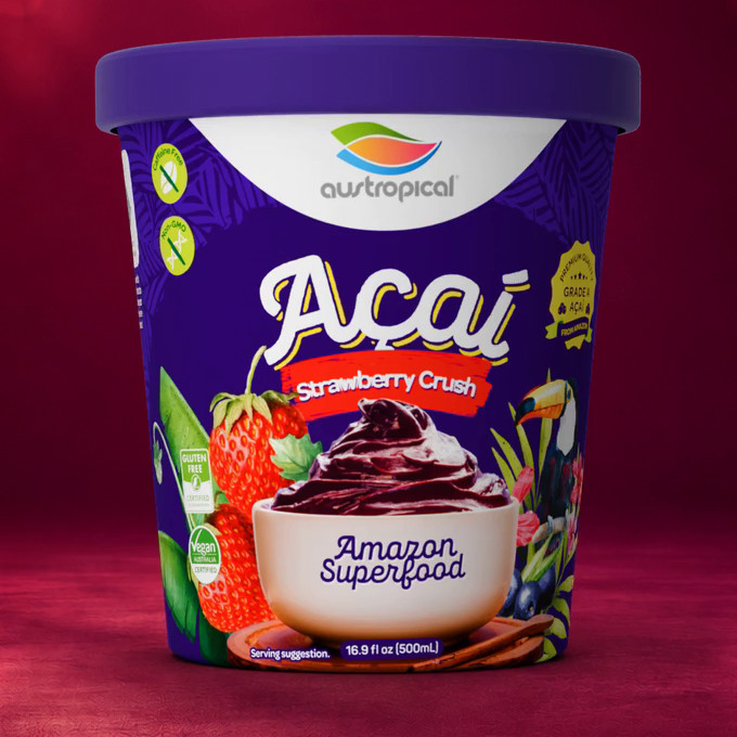 Austropical Açaí Strawberry Crush sorbet pint, 16.9 fl oz (500 mL), front of pack, on a crimson backdrop.