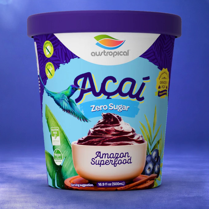 Austropical Açaí Zero Sugar sorbet pint, 16.9 fl oz (500 mL), front of pack, on a blue backdrop. Not a low calorie food.
